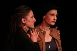 Laura Fray as Iago and Leah Gabriel as Roderigo. (Photo Queens Gazette)